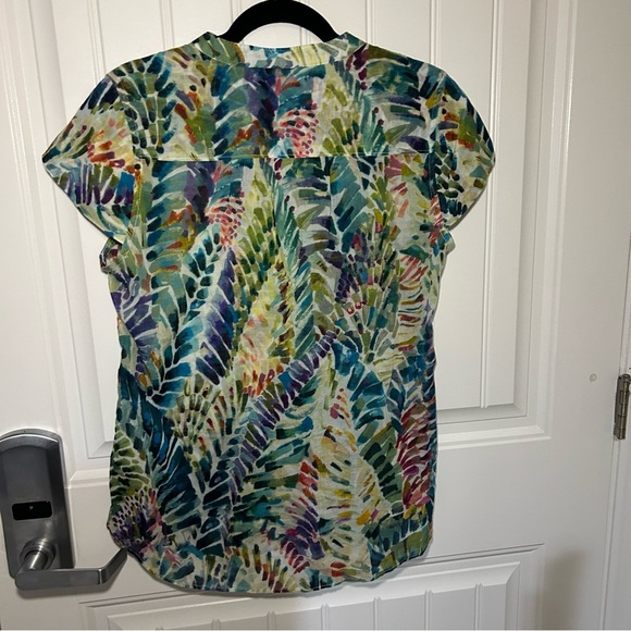 Soft Surroundings Anthea Multi-Color Hawaiian Palm Button Up Short Sleeve Blouse - Picture 5 of 10
